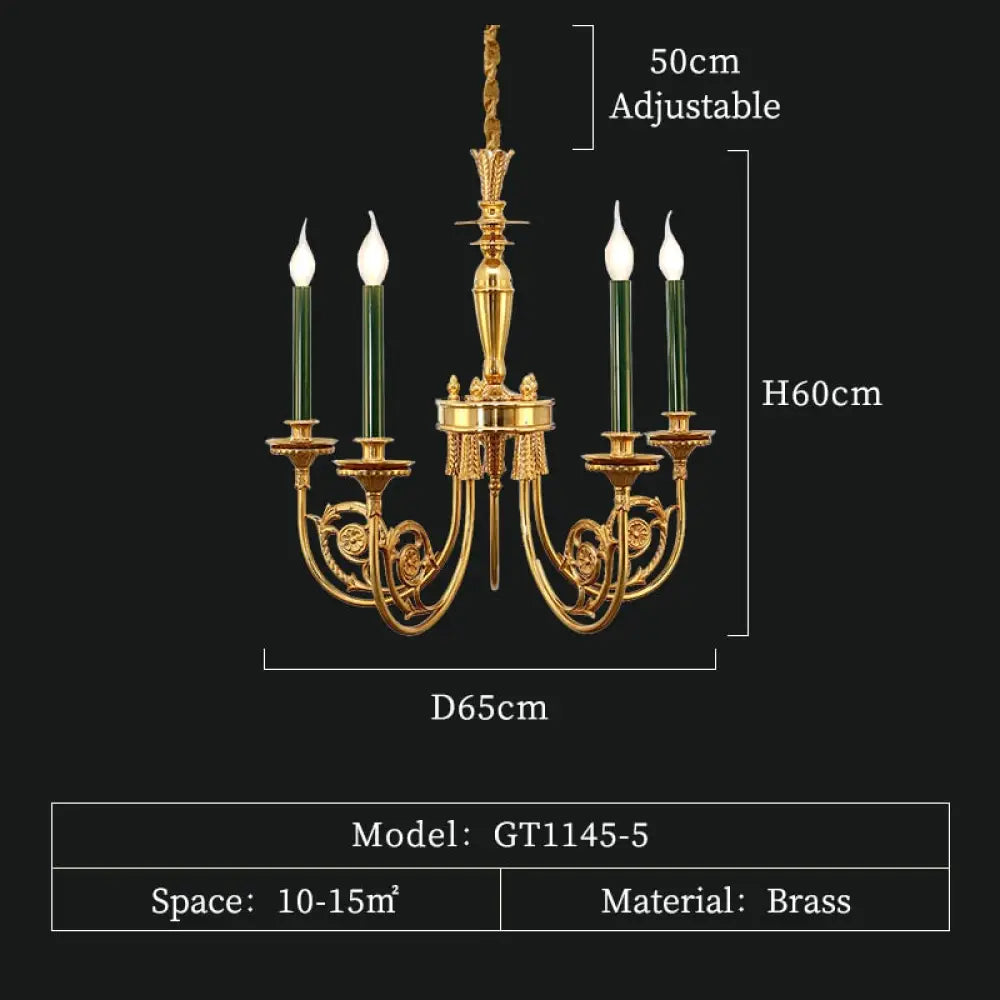 Classic Brass Lamp Green Candle Holder Lights Chandelier European Pendant For Dining Table 5Lights