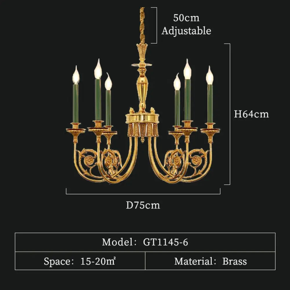 Classic Brass Lamp Green Candle Holder Lights Chandelier European Pendant For Dining Table 6Lights