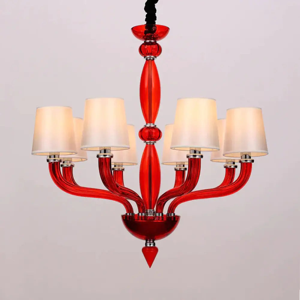 Classic Chandelier With 12 Bulbs In White/Red/Blue Glass Hanging Pendant Light Cone Fabric Shade Red