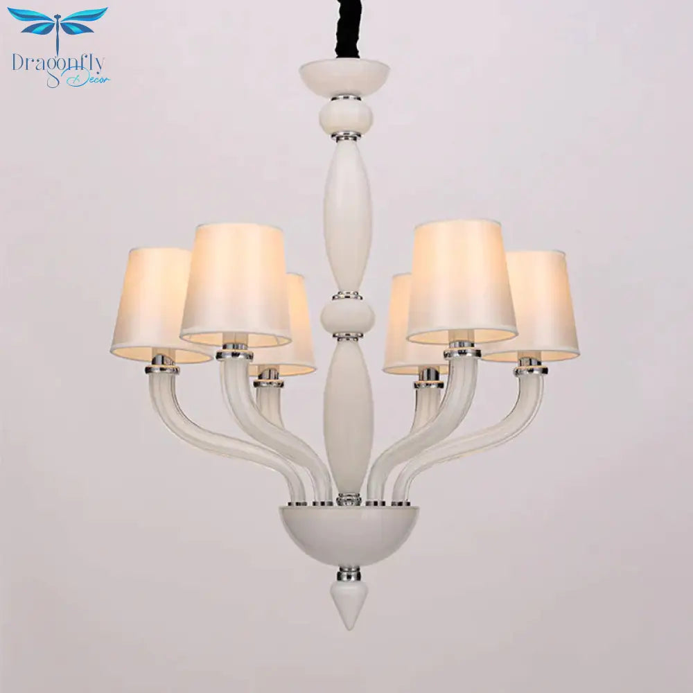 Classic Chandelier With 12 Bulbs In White/Red/Blue Glass Hanging Pendant Light Cone Fabric Shade