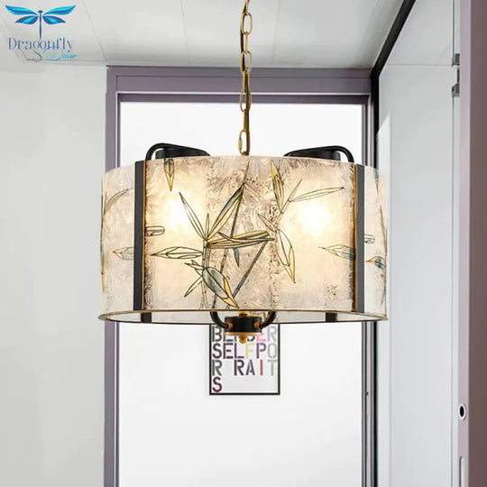 Classic Drum Suspension Pendant 4 Lights White Glass Pendulum Light For Living Room