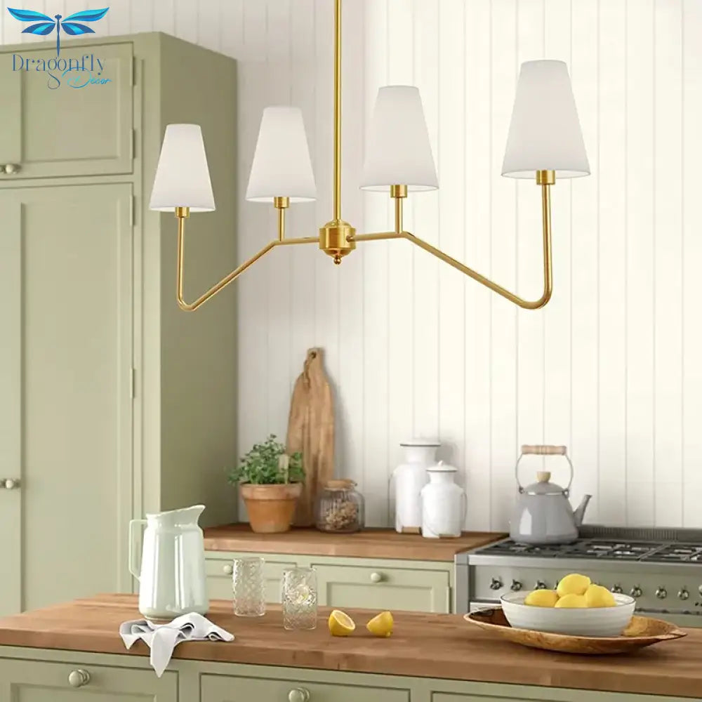 Classic Kitchen Island Chandelier - Polished Gold/Black With White Linen Shades For Bedroom And