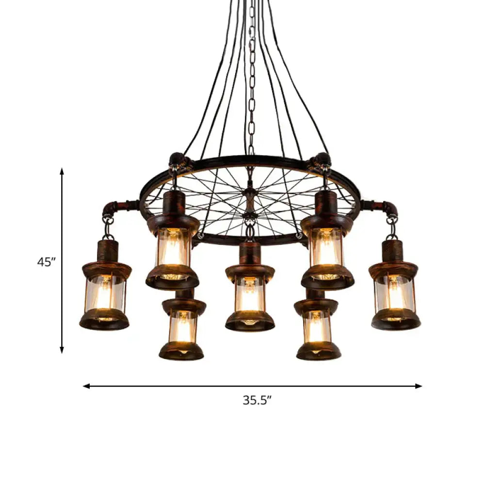 Coastal Lantern Hanging Lamp 7 Lights Clear Glass Chandelier Lighting In Rust With Wheel