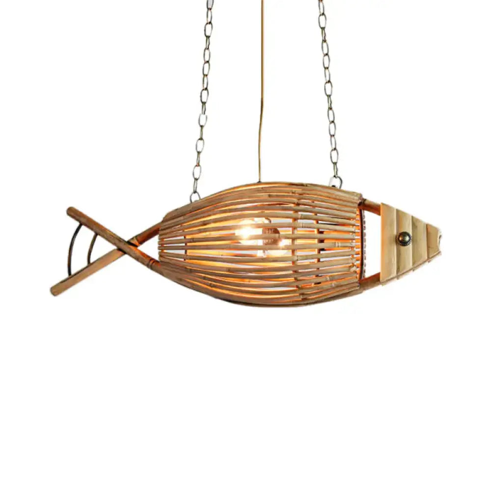 Coastal Style Fish Shaped Chandelier Light Fixture Bamboo 1 Bedroom Suspension Lamp In Beige