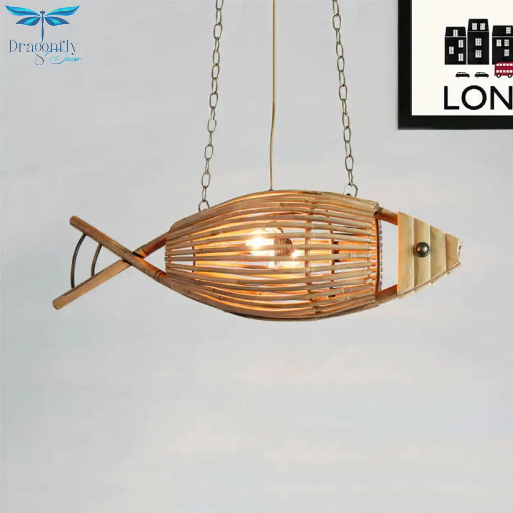 Coastal Style Fish Shaped Chandelier Light Fixture Bamboo 1 Bedroom Suspension Lamp In Beige