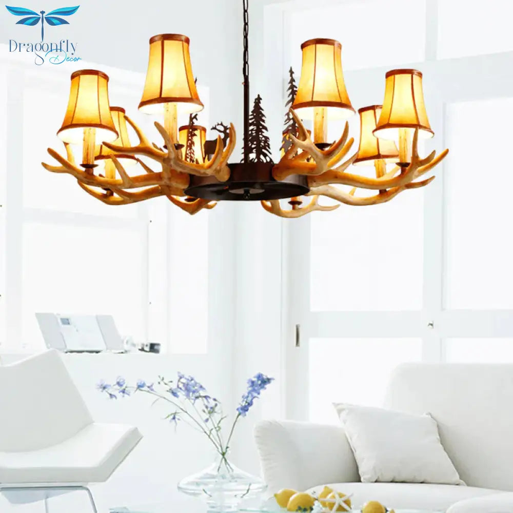 Coffee Paneled Bell Pendant Chandelier Rural Resin 8 Heads Dining Room Hanging Ceiling Light With
