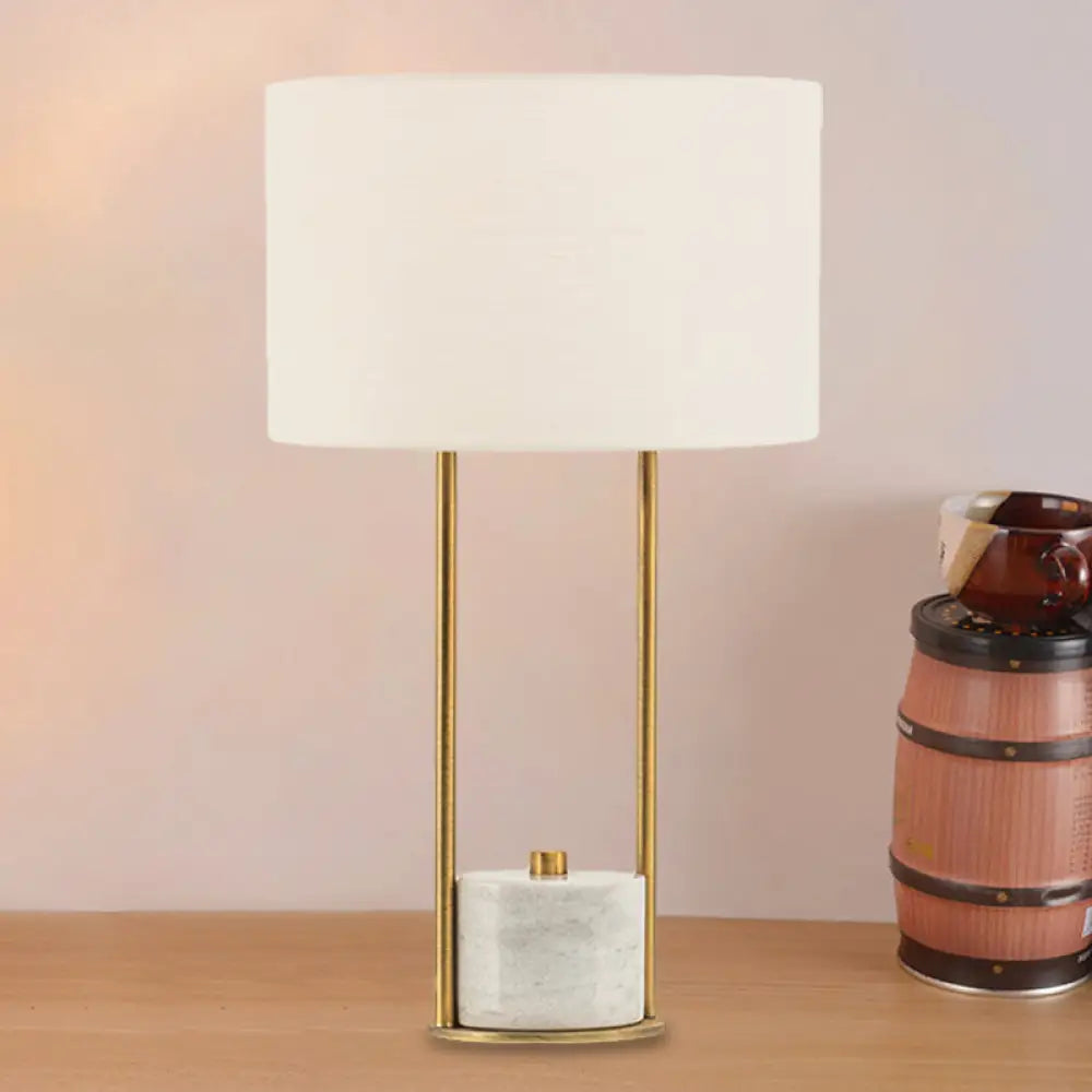 Colette - Modern Fabric Cylinder Nightstand Lamp White/Beige With Marble Base. White