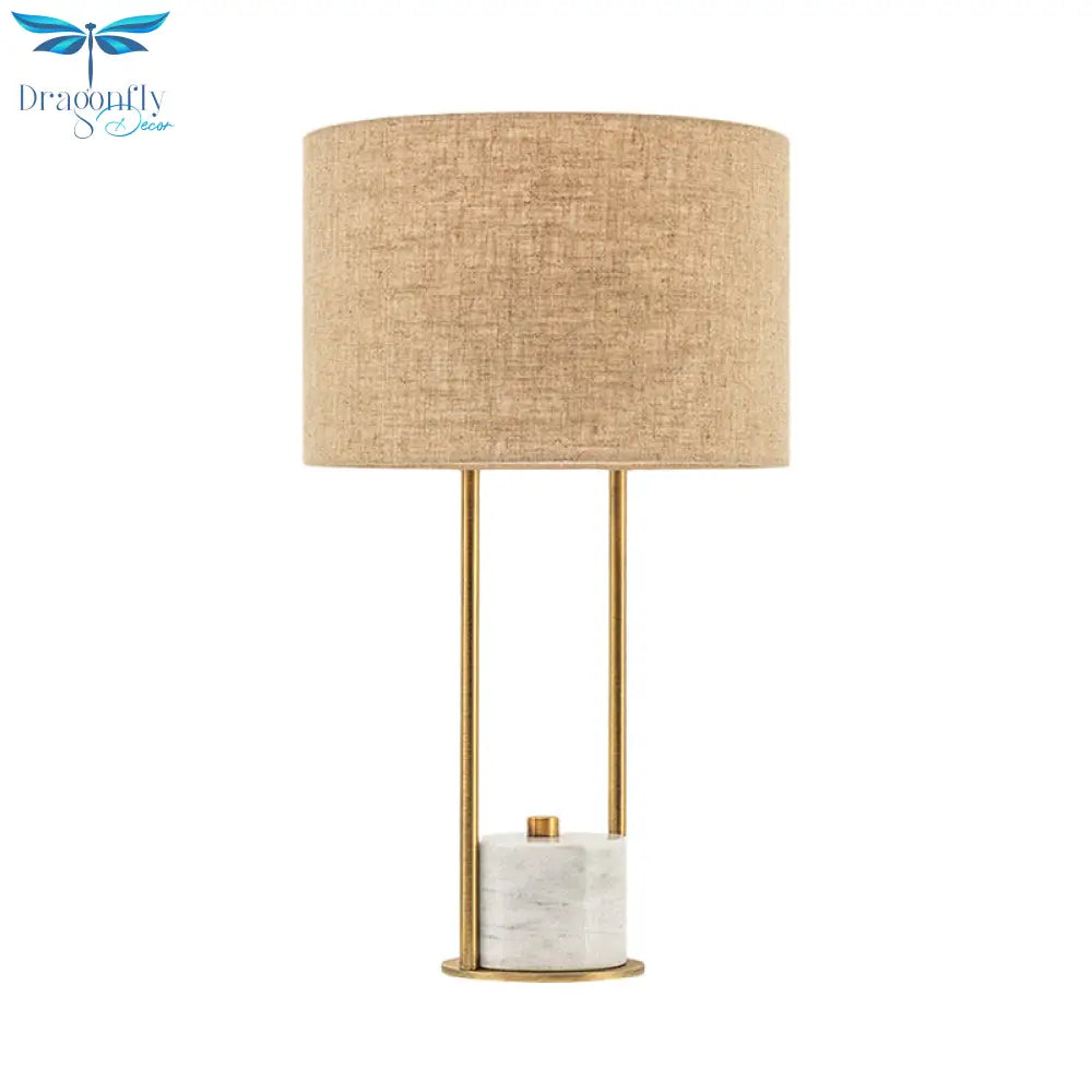 Colette - Modern Fabric Cylinder Nightstand Lamp White/Beige With Marble Base.