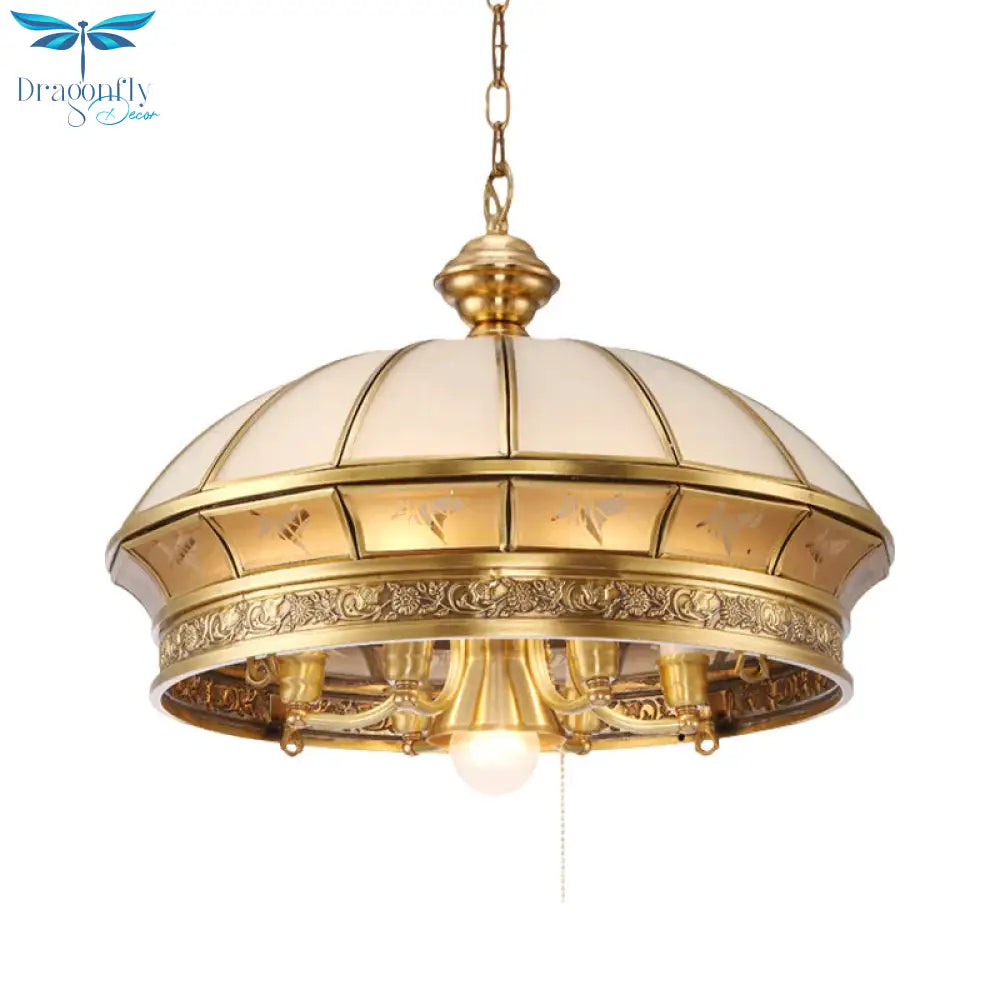 Colonial Brass Frosted Glass Chandelier - 7 - Light Domed Living Room Hanging Light