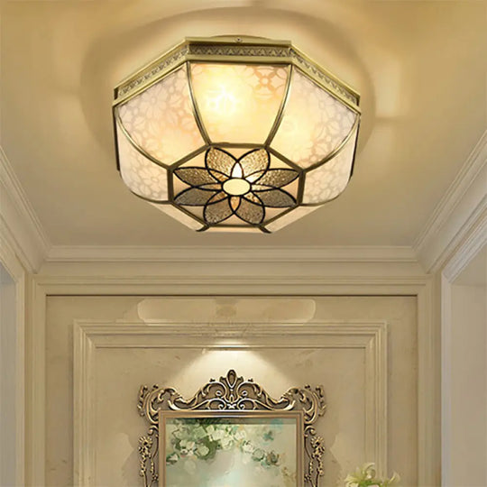 Colonial - Style Beveled Ceiling Mounted Light - 4 - Bulb Opaque Glass Flush Mount Fixture In Brass
