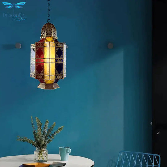 Colored Glass Brass Chandelier Lantern 3 Heads Arabian Hanging Pendant Light For Corridor