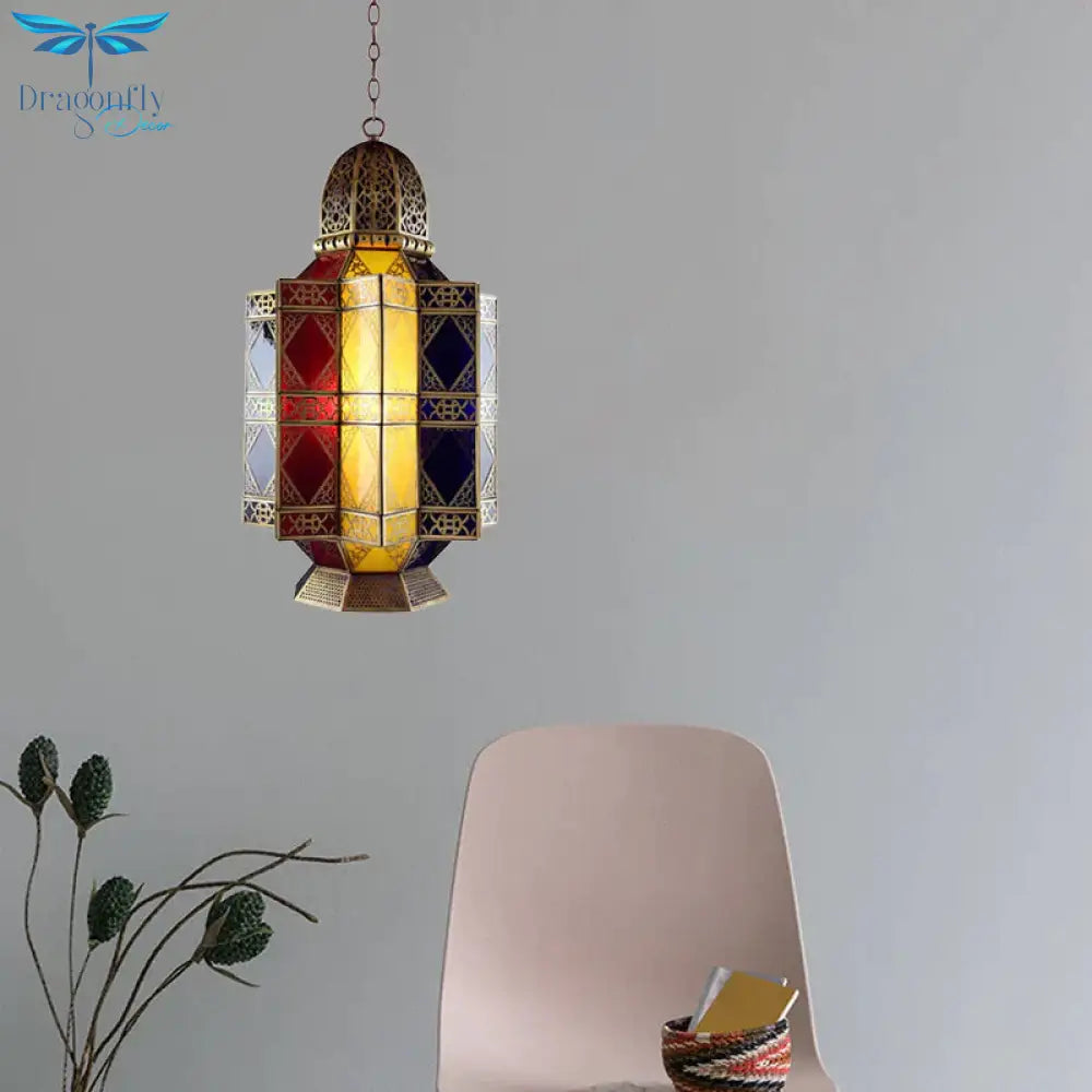 Colored Glass Brass Chandelier Lantern 3 Heads Arabian Hanging Pendant Light For Corridor