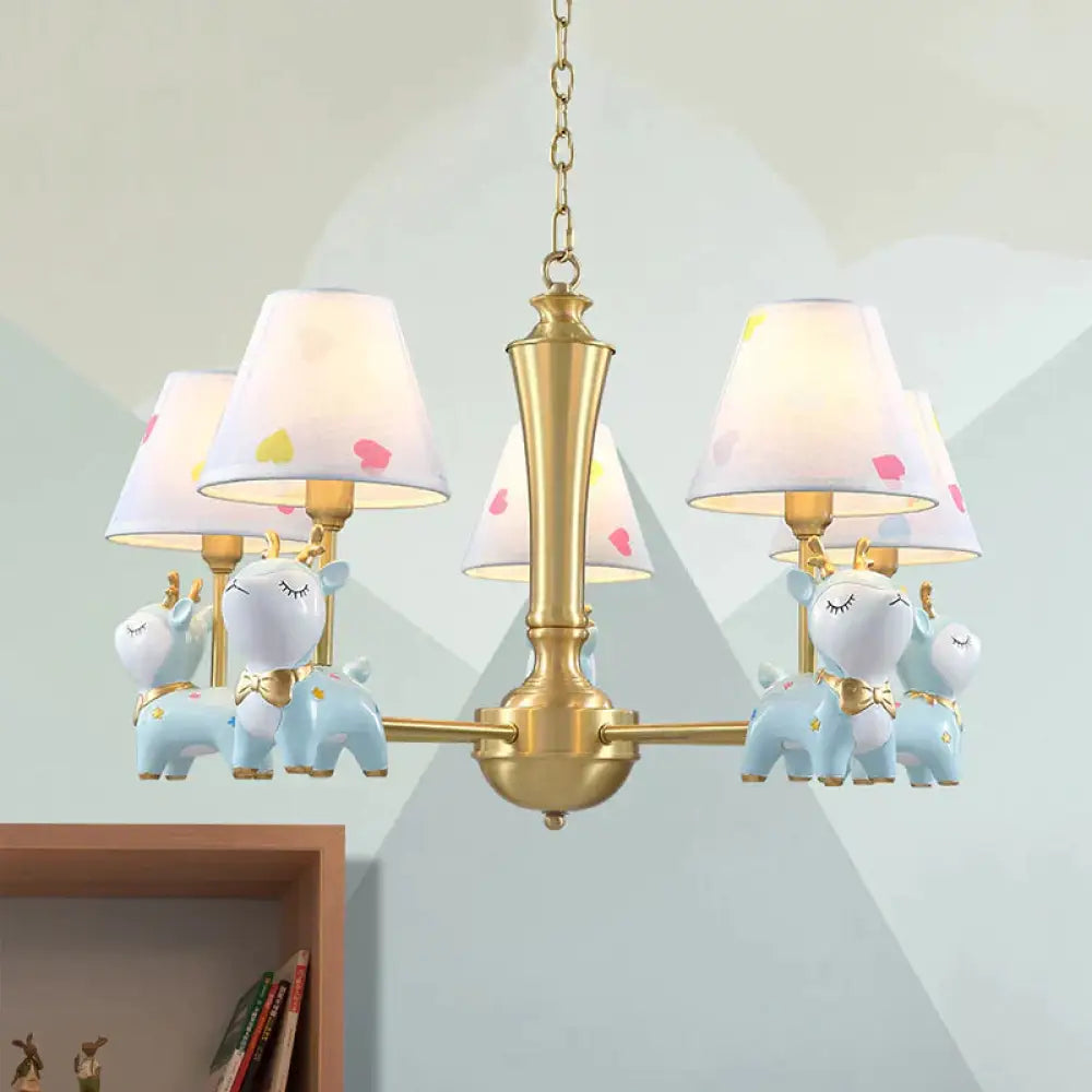 Contemporary Tapered Shade Hanging Light Fixture With Deer Metal Chandelier For Living Room 5 / Blue