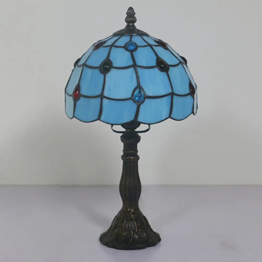 Corinne - Blue Glass Lattice Bowl Table Lighting Mediterranean 1 Head Bronze Gem Patterned Desk For