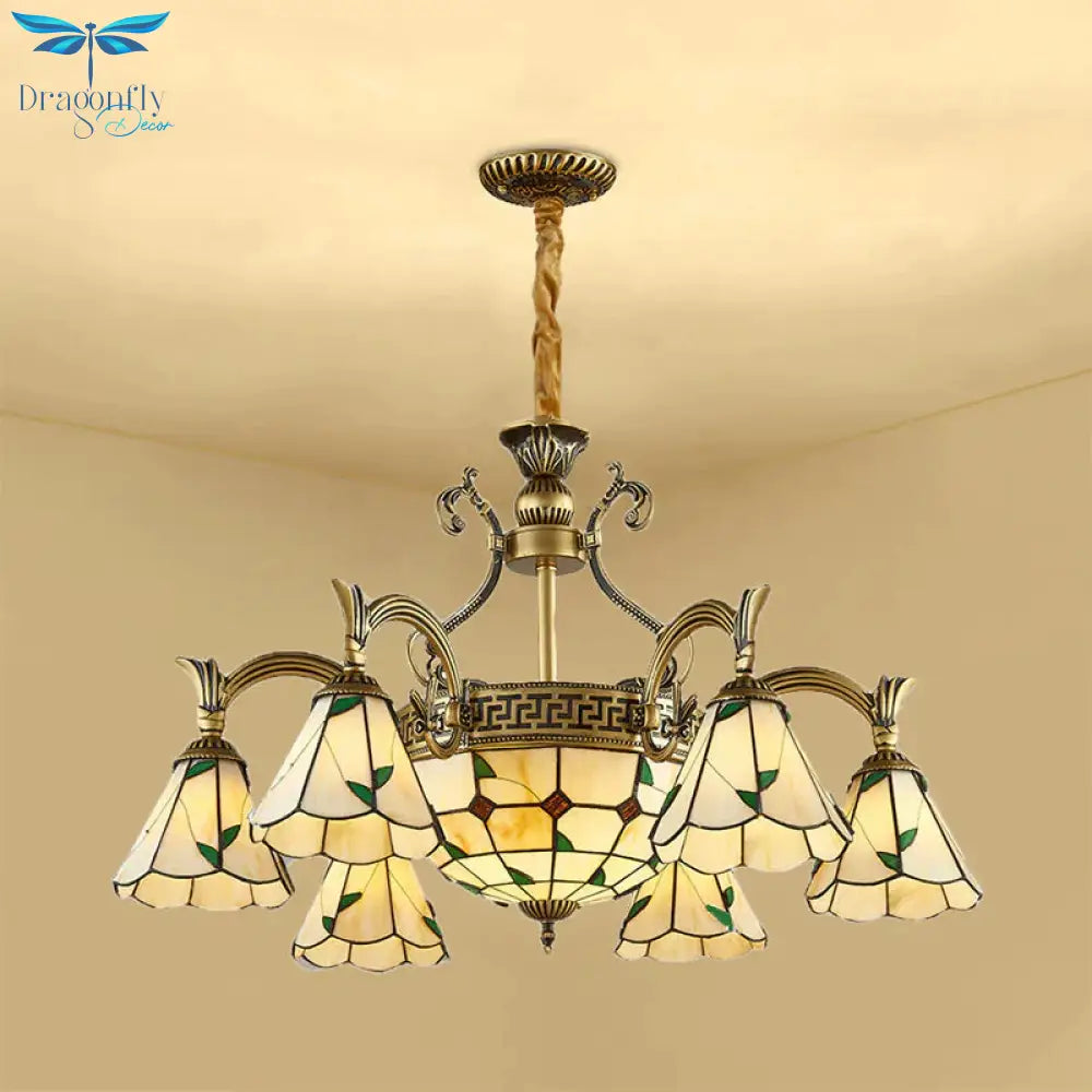 Country Style Dome Pendant Light With Cone Stained Glass 9/11 Lights Chandelier Lamp In Beige