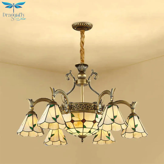 Country Style Dome Pendant Light With Cone Stained Glass 9/11 Lights Chandelier Lamp In Beige