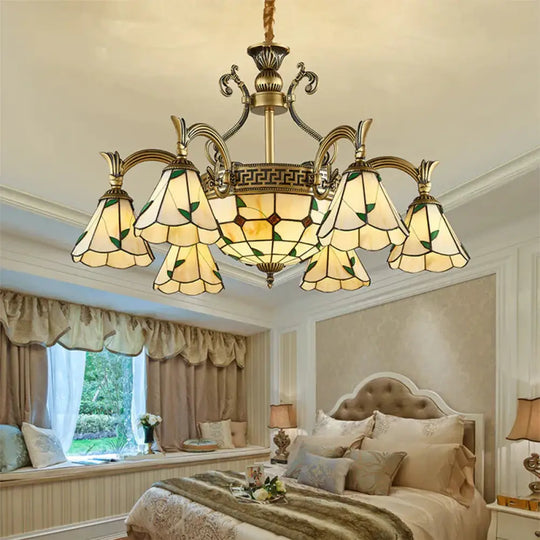 Country Style Dome Pendant Light With Cone Stained Glass 9/11 Lights Chandelier Lamp In Beige 9 /