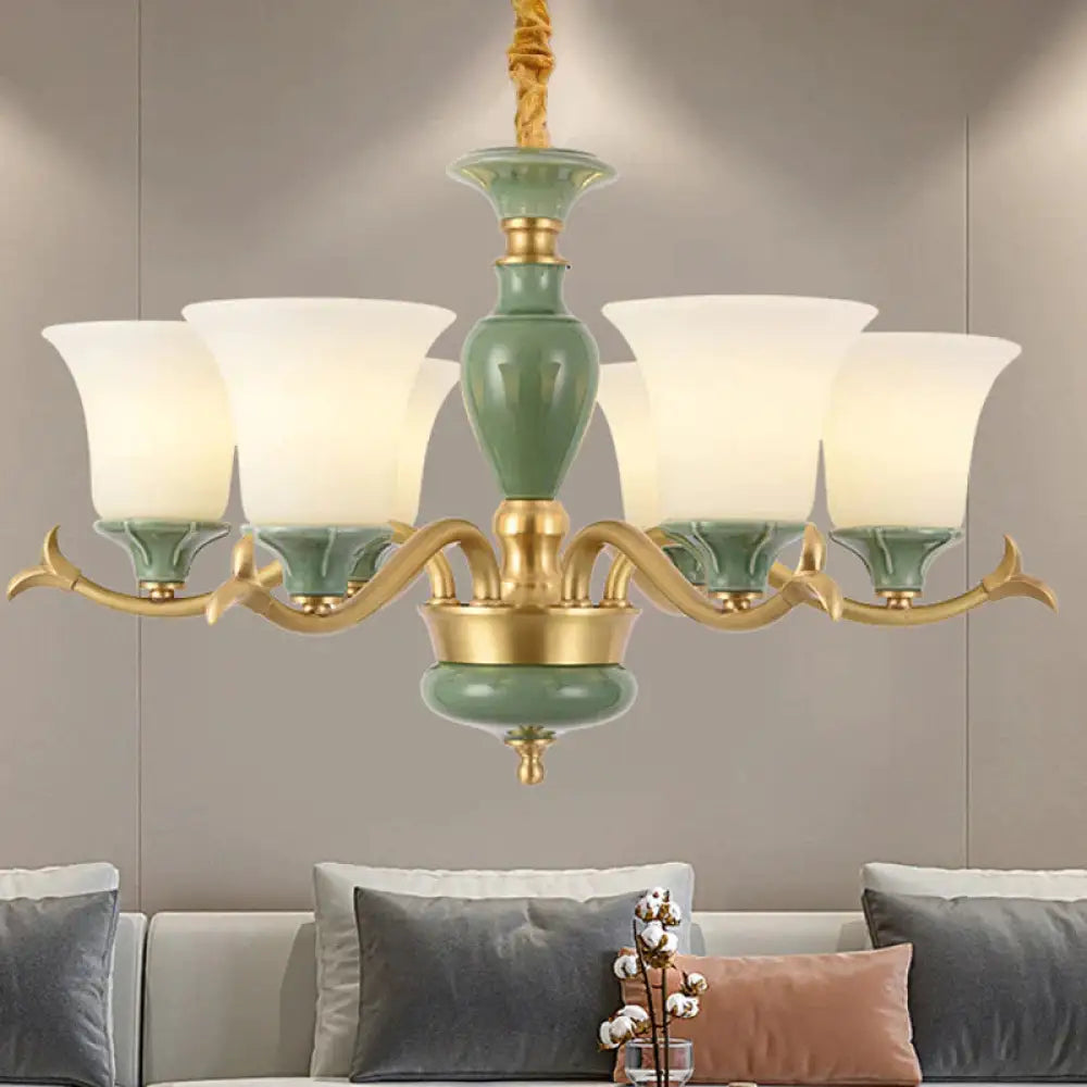 Countryside Green Bell Shaped Frosted Glass Suspension Light 3/6 Bulbs 6 /