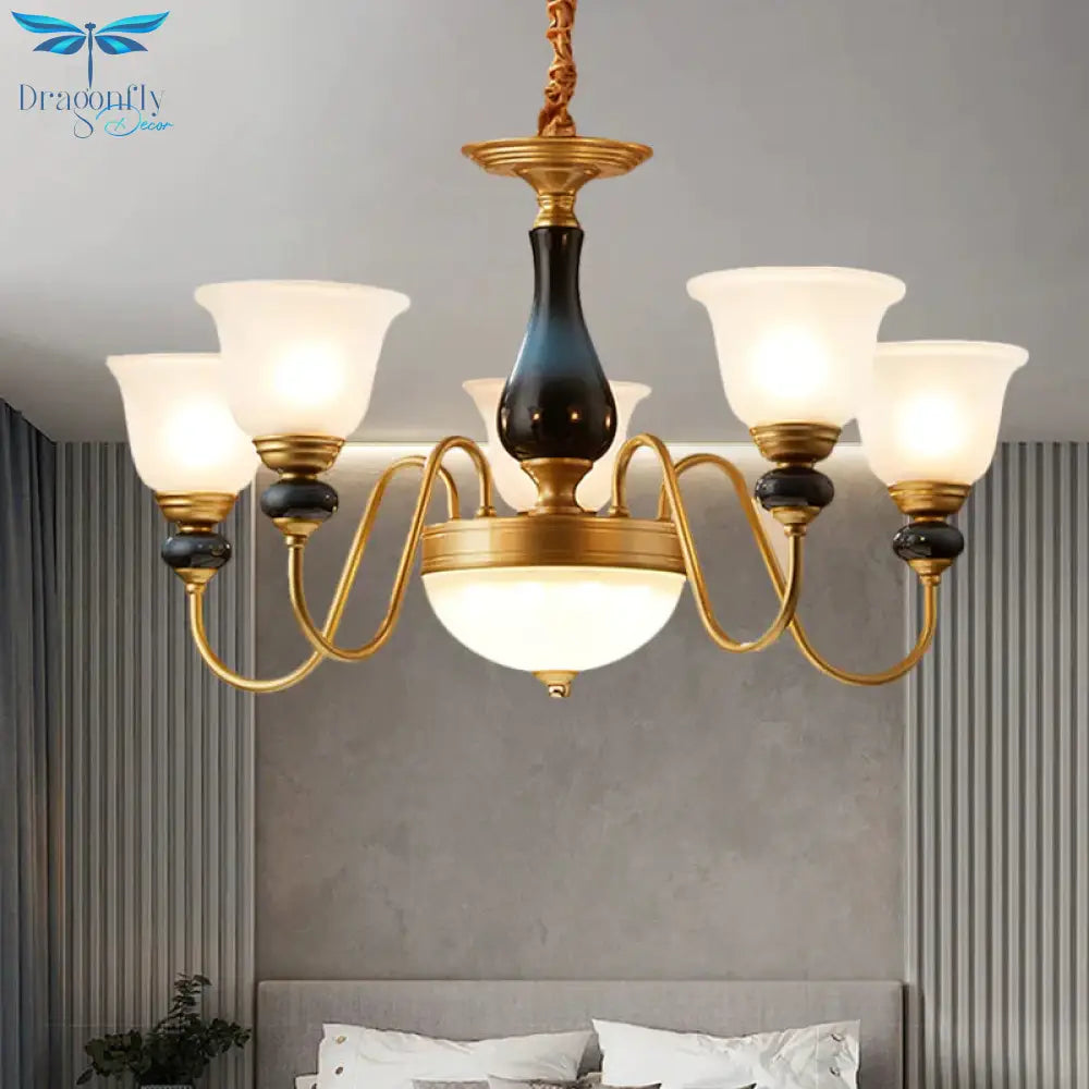 Countryside Style Brass Cream Glass Suspension Lamp In 3/5/6 Lights Floral Shade Pendant Chandelier