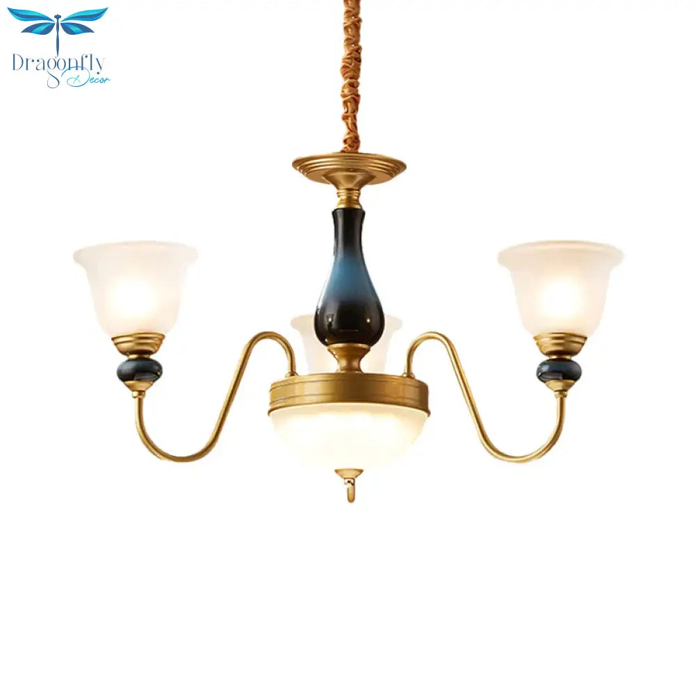 Countryside Style Brass Cream Glass Suspension Lamp In 3/5/6 Lights Floral Shade Pendant Chandelier