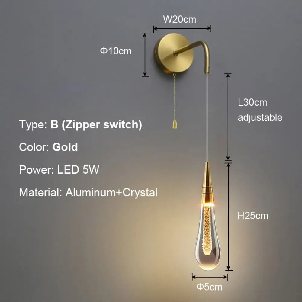 Creative Raindrops Wall Lights Living Bedroom Luxury Crystal Lamps With Zipper Switch Clear Gold