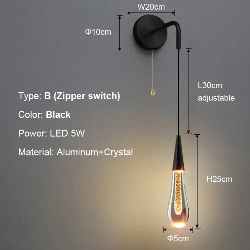 Creative Raindrops Wall Lights Living Bedroom Luxury Crystal Lamps With Zipper Switch Clear Gold