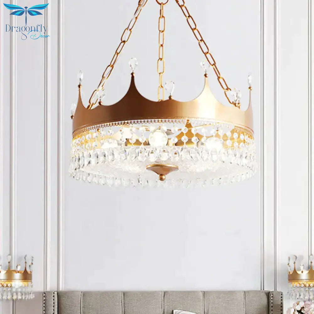 Crown Bedroom Ceiling Chandelier Traditional Metal 5 Heads Gold Hanging Light Fixture With Crystal