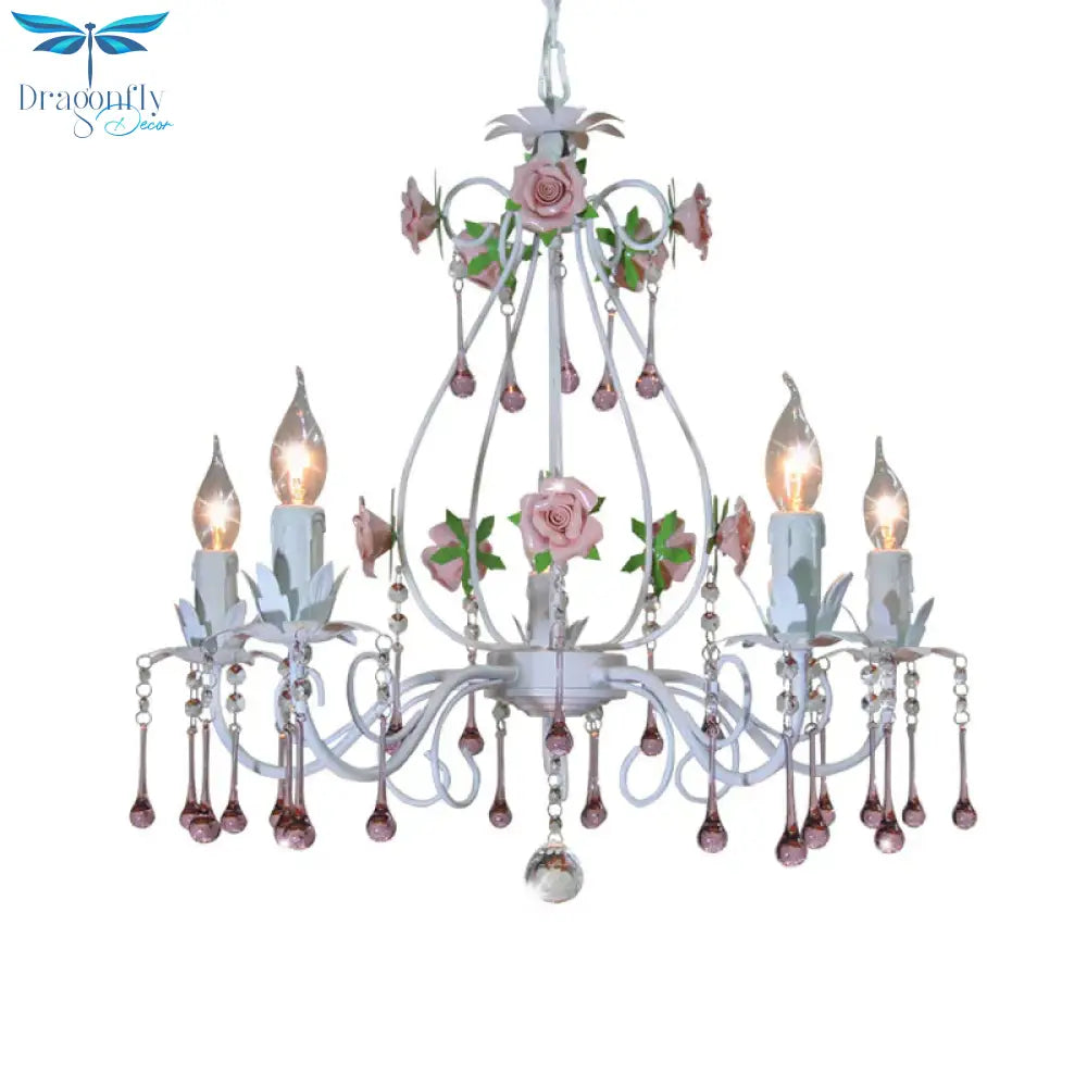 Crystal Ball Pink Pendant Chandelier Candlestick 5 Lights Countryside Ceiling Hang Fixture For