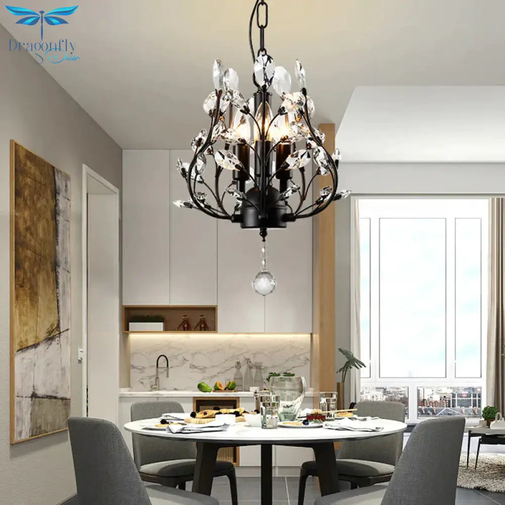 Crystal Branch Chandelier Lamp Modern 3 Bulbs Black/Gold Pendant Lighting Fixture With Global Drop