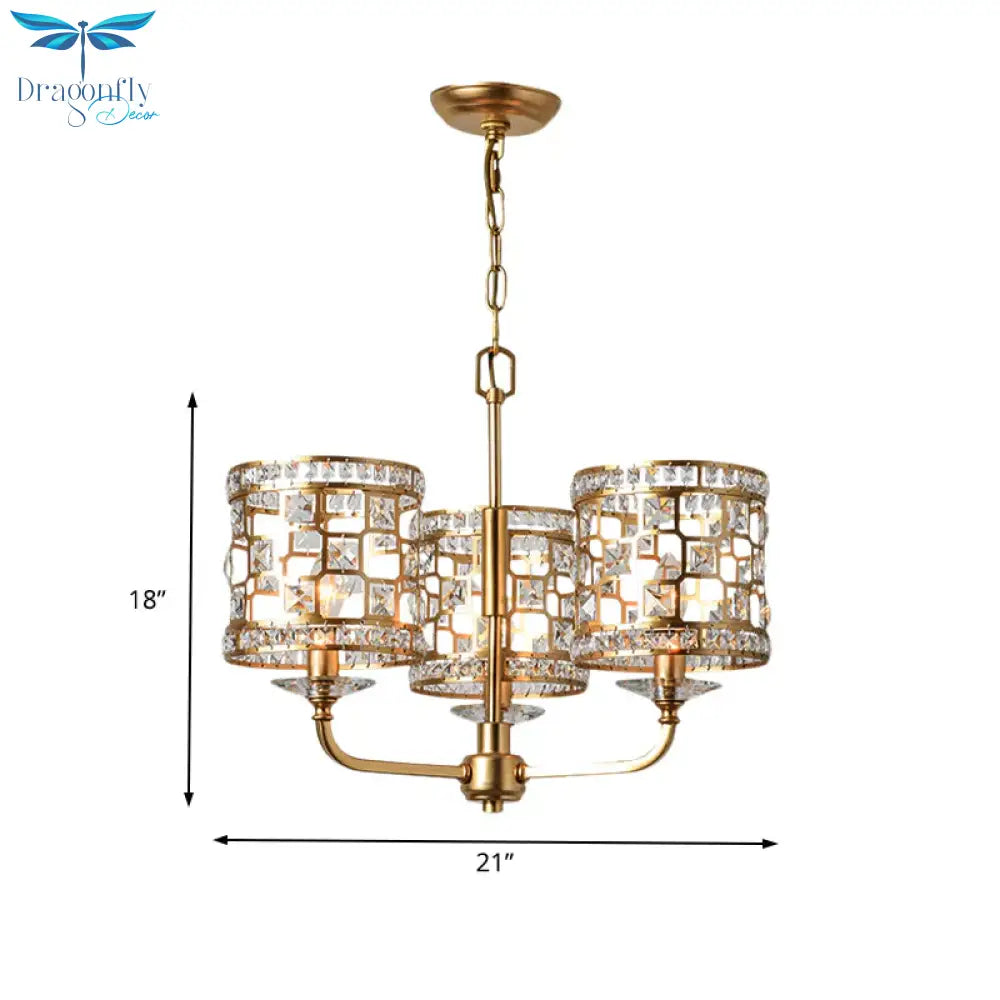 Crystal Cylindrical Chandelier Modern 3 Heads Gold Pendant Lighting Fixture For Living Room