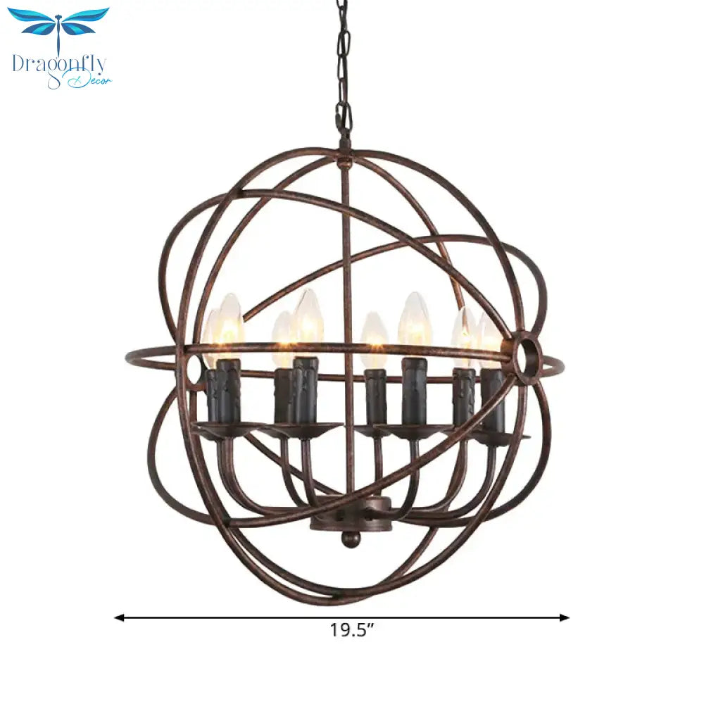 Dark Rust Orb Cage Suspension Light With Candle Design Rustic Stylish Wrought Iron 8 Heads Indoor