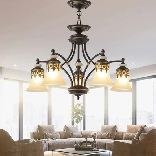 Deep Tan Bell Pendant Lighting Traditional Frosted Glass 3/5/6 Lights Living Room Chandelier 5 /