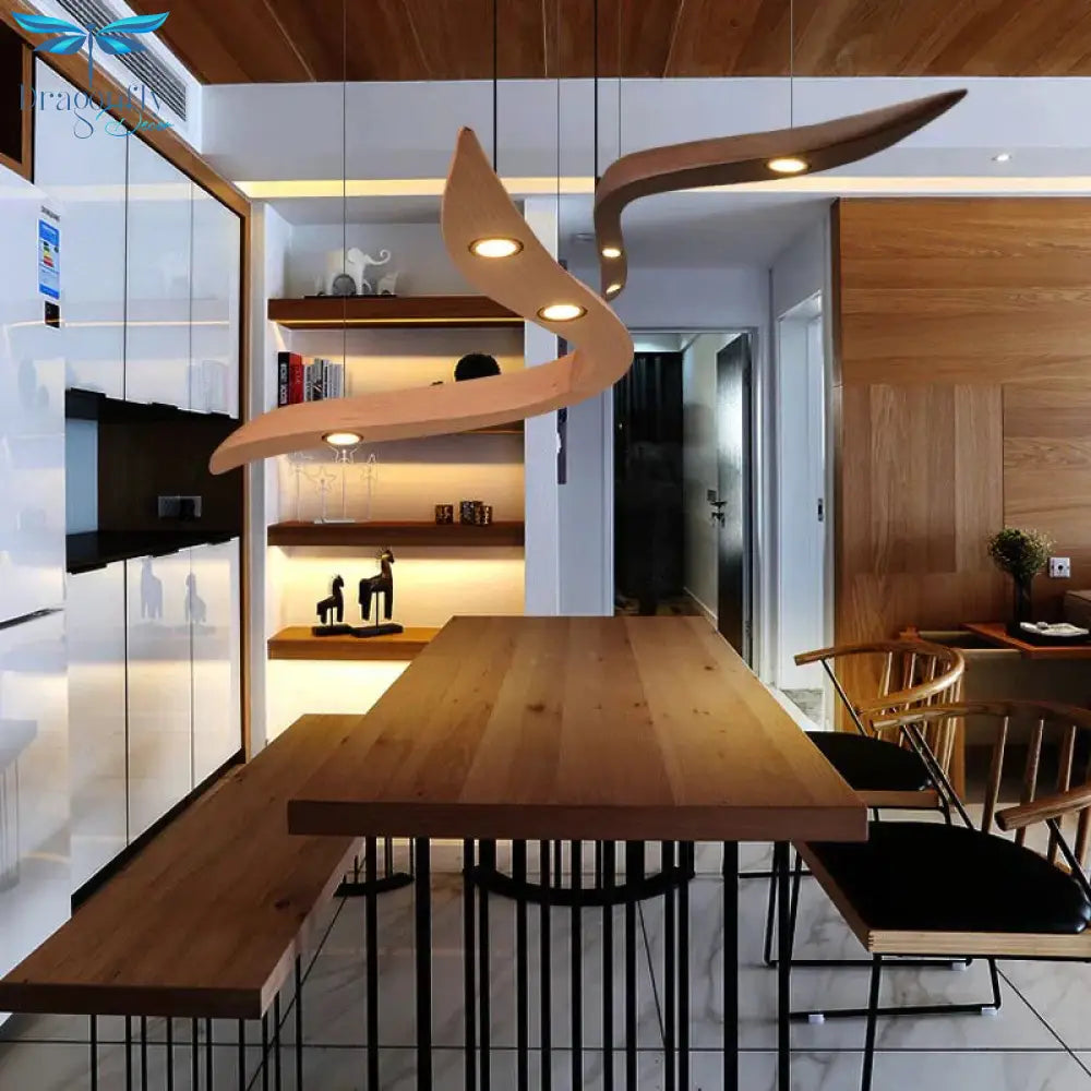 Designer Creative Solid Wood Bent Pendant Light Modern Simple Art Restaurant Led For Dining Room