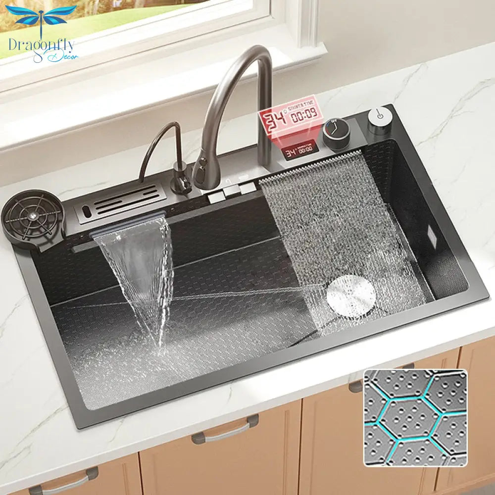 Digital Display Waterfall Sink Embossed Stainless Steel Kitchen Large Single Bowl Black Washbasin