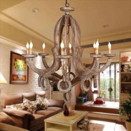 Distressed Wood Ceiling Chandelier Pendant Light With Curved Frame 8 /