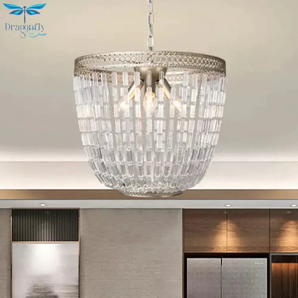 Dome Pendant Chandelier Traditional Crystal 3 Bulbs Aged Silver Hanging Ceiling Light