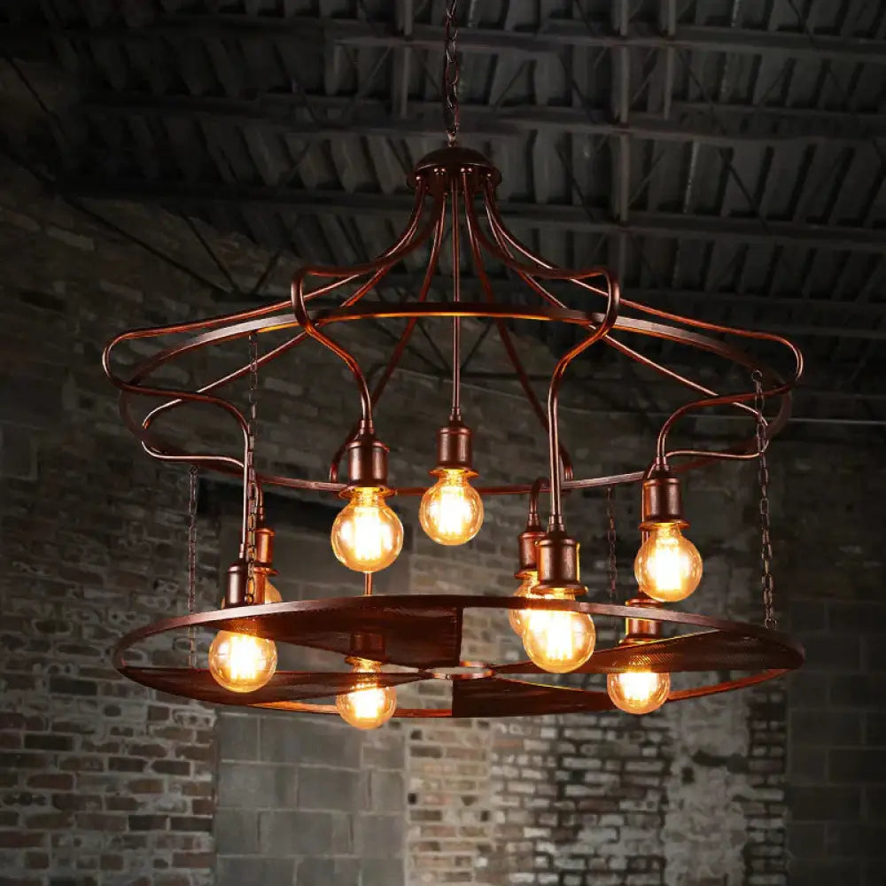 Drum Restaurant Pendant Light Metal Nine Lights Antique Stylish Chandelier In Rust