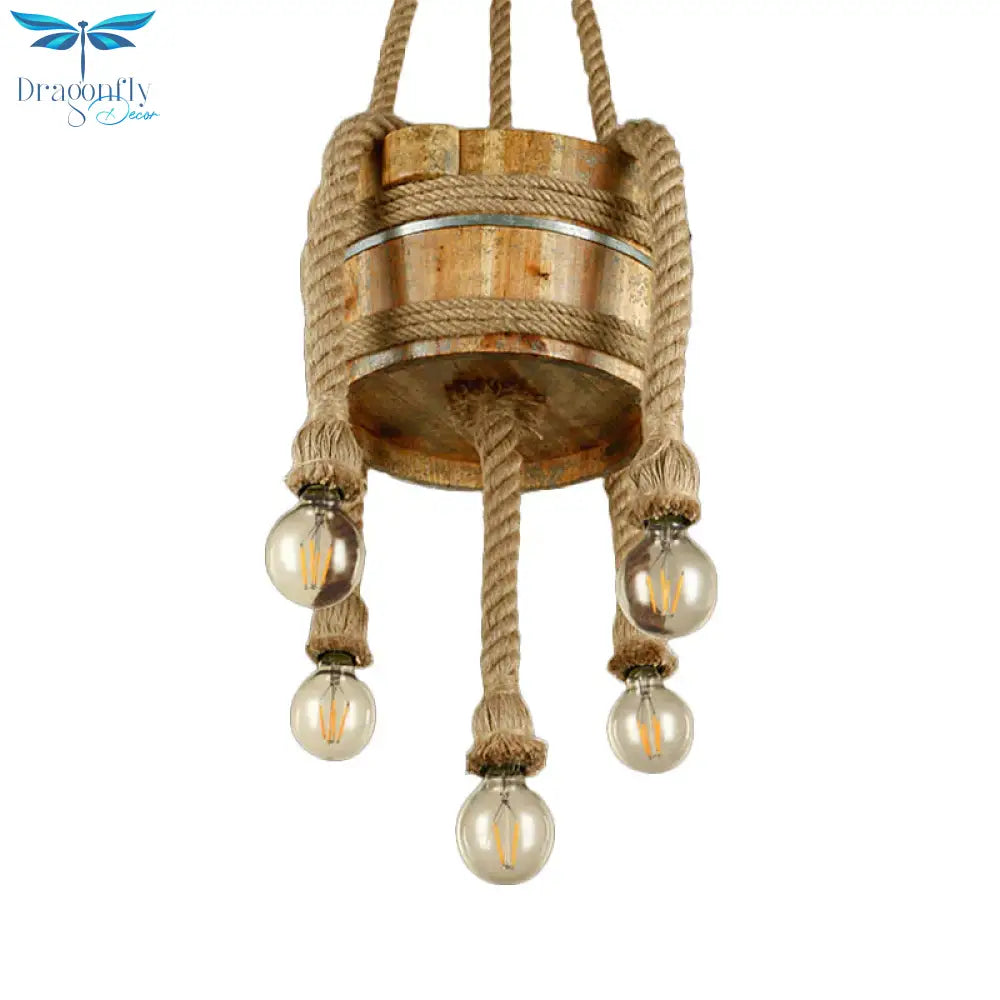 Drum Shape Chandeliers Five - Light Retro Style Wood Hanging Lights In Beige Color For Agritainment