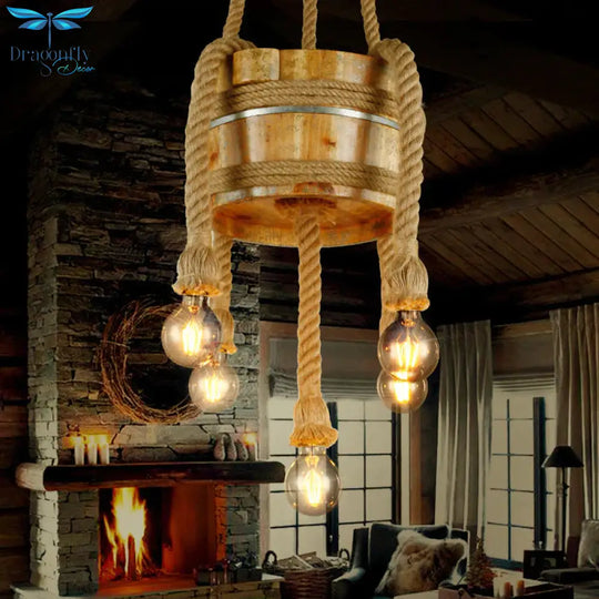 Drum Shape Chandeliers Five - Light Retro Style Wood Hanging Lights In Beige Color For Agritainment