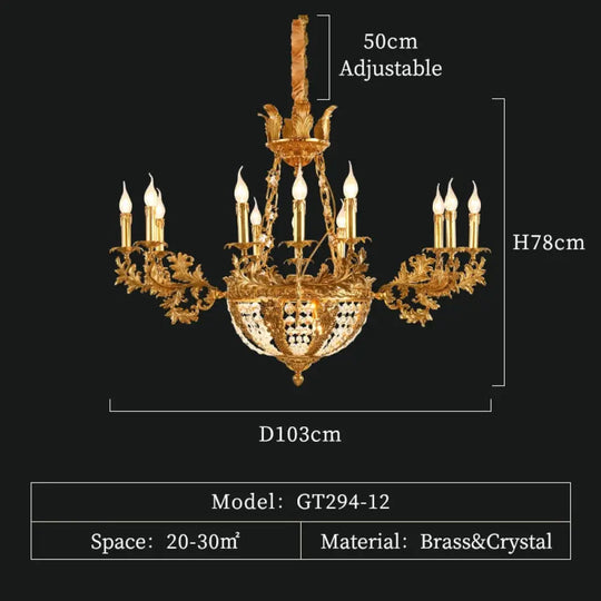 Duchess - European Rococo Style Lustre Vintage Solid Brass Gold Chandelier 12Lights D103 H78Cm