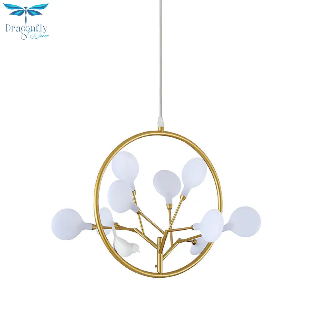 Eden - Elegant 9 Lights Branch Pendant Lamp With Bird Deco Metallic Hanging Light In Gold For Cloth