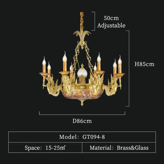 Elegance - European Full Copper Antique Led Brass Crystal Chandelier For Living Room 8Lights D86