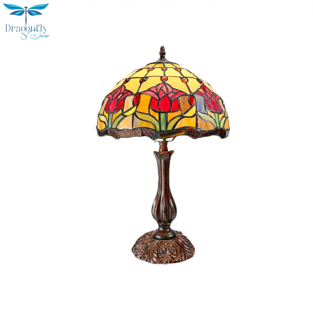 Eleonora - Tiffany Dome Shade Cut Glass Nightstand Light 1 Bronze Night Table Lamp With Flower