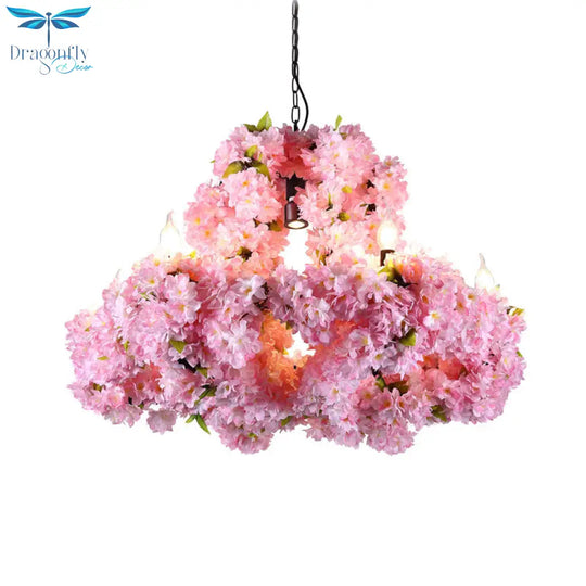Eliza - Industrial Metal Floral Chandelier Lamp 7 Lights Restaurant Ceiling Pendant In Pink