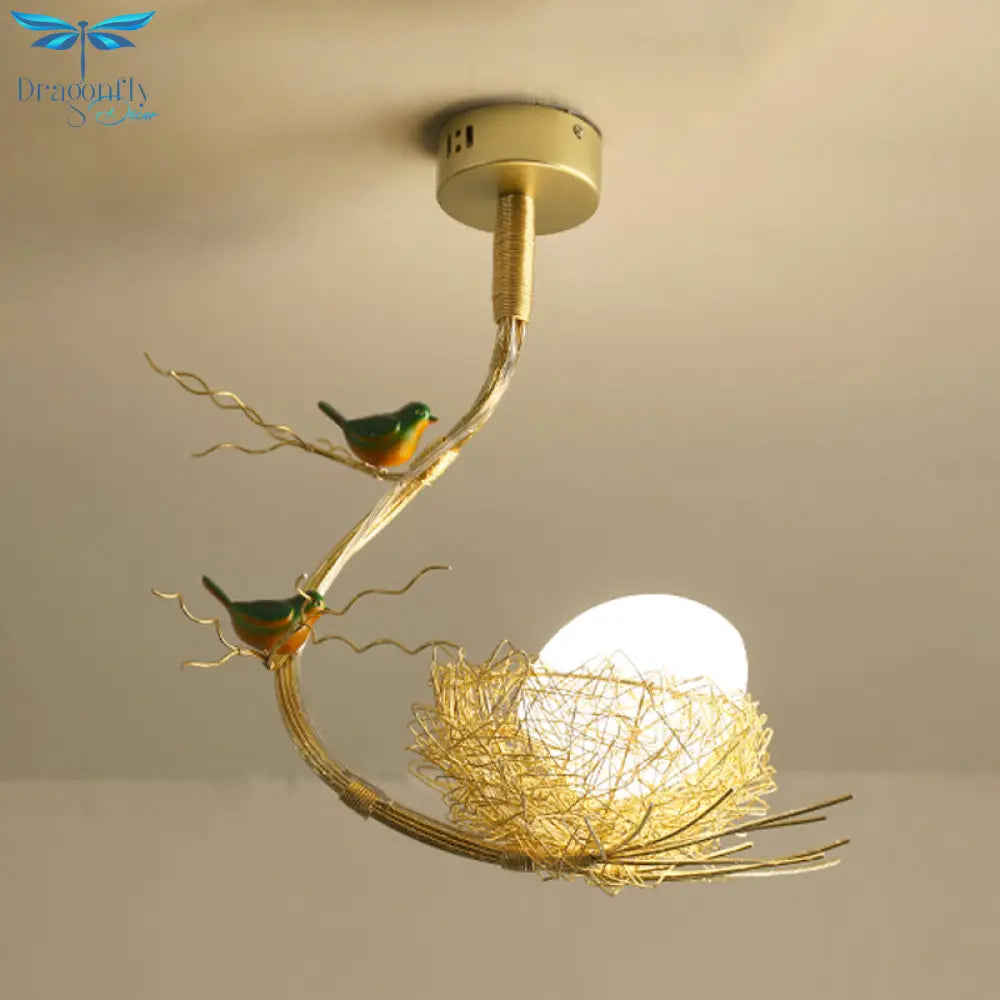 Eliza - Rustic Bird Egg Shaped Ceiling Chandelier 3 Lights Milk White Glass Golden Hanging Light