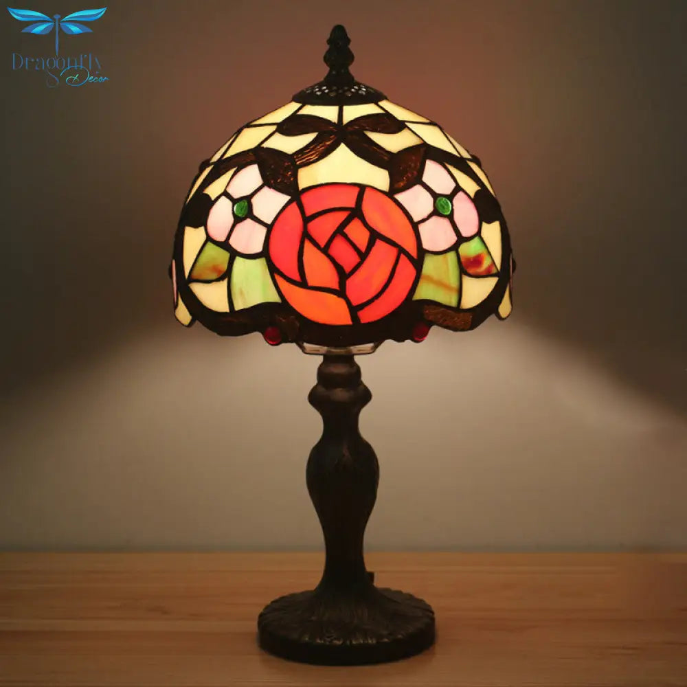 Elizabeth - Rose Domed Table Light 1 Hand Cut Glass Tiffany Style Patterned Nightstand Lamp For