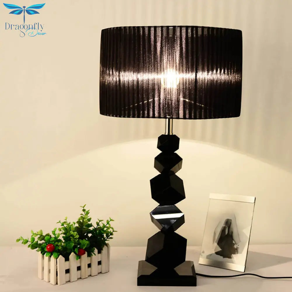 Elnath - Black Drum Nightstand Lamp Modern 12/13 W Single Pleated Fabric Table Light With Rock