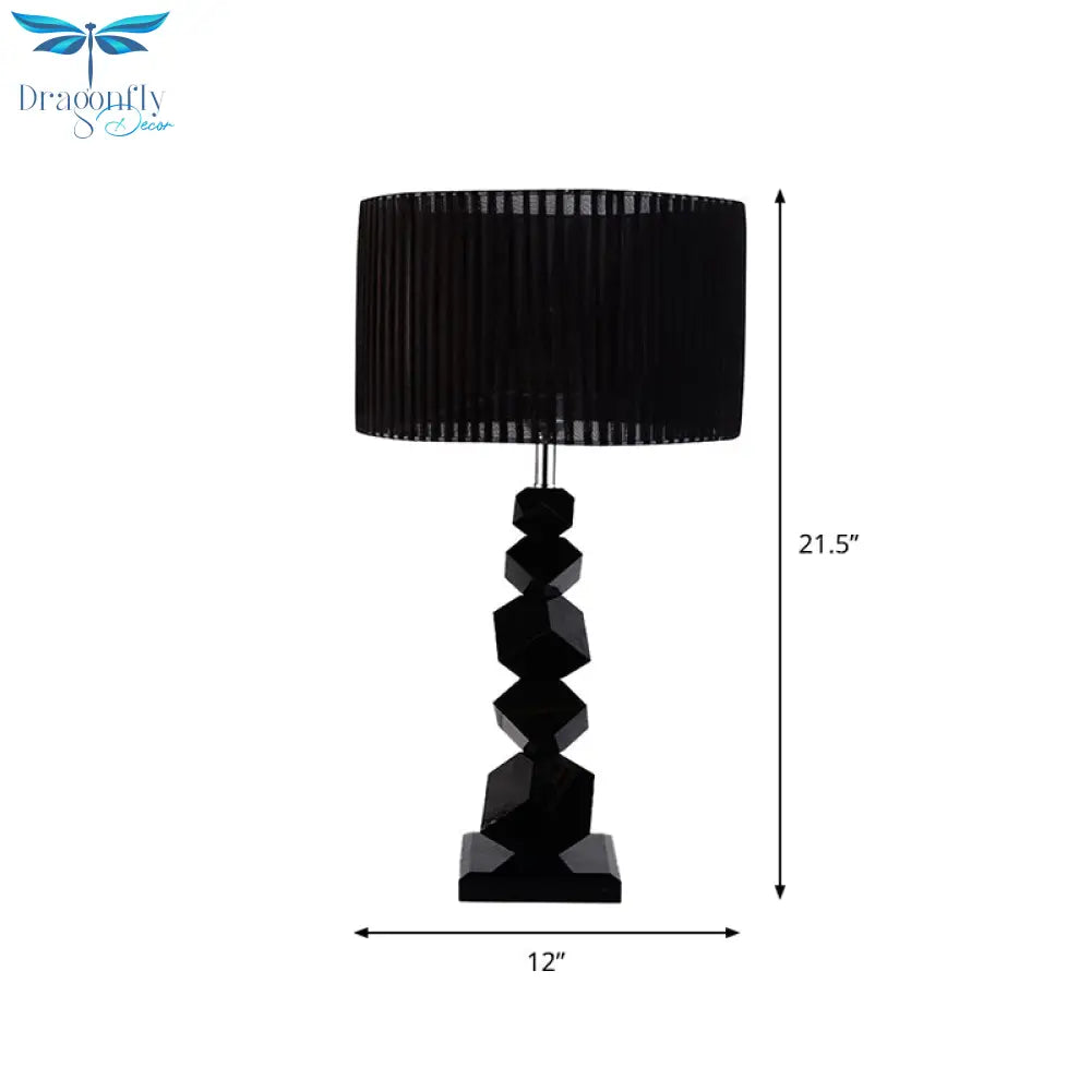 Elnath - Black Drum Nightstand Lamp Modern 12/13 W Single Pleated Fabric Table Light With Rock