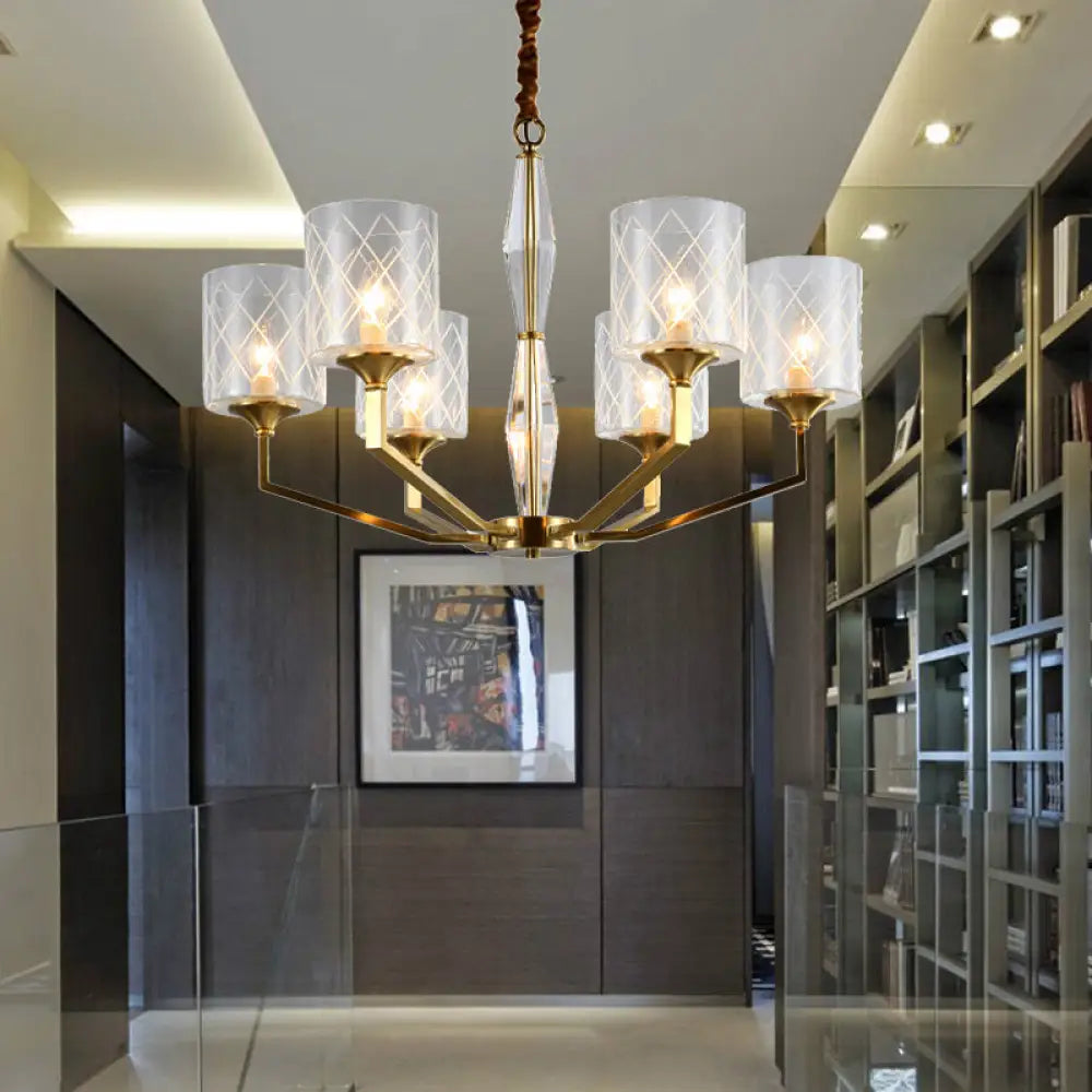 Emanuela - Elegant Grid Cylinder Shade Chandelier Style Metallic Ceiling Pendant In Gold For Study