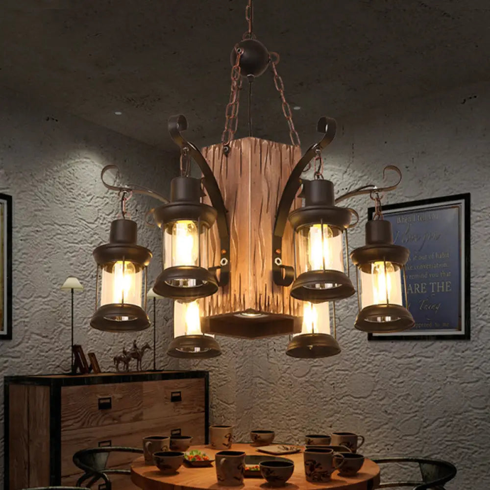 Emily - Clear Glass Chandelier: Farmhouse 6 - Light Lantern Dining Room Lamp Black